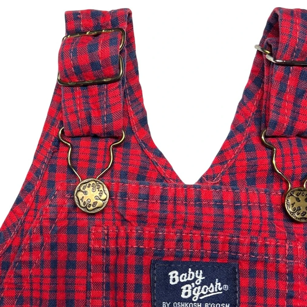 Vintage 90s Baby OshKosh B'Gosh Overalls 12M Red‎ Blue Plaid USA Made Snaps EUC